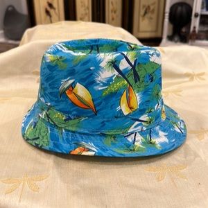 Bright Colored Tropical Beachy Fedora Hat / Cap. Palm Trees, Clouds & Sailboats.